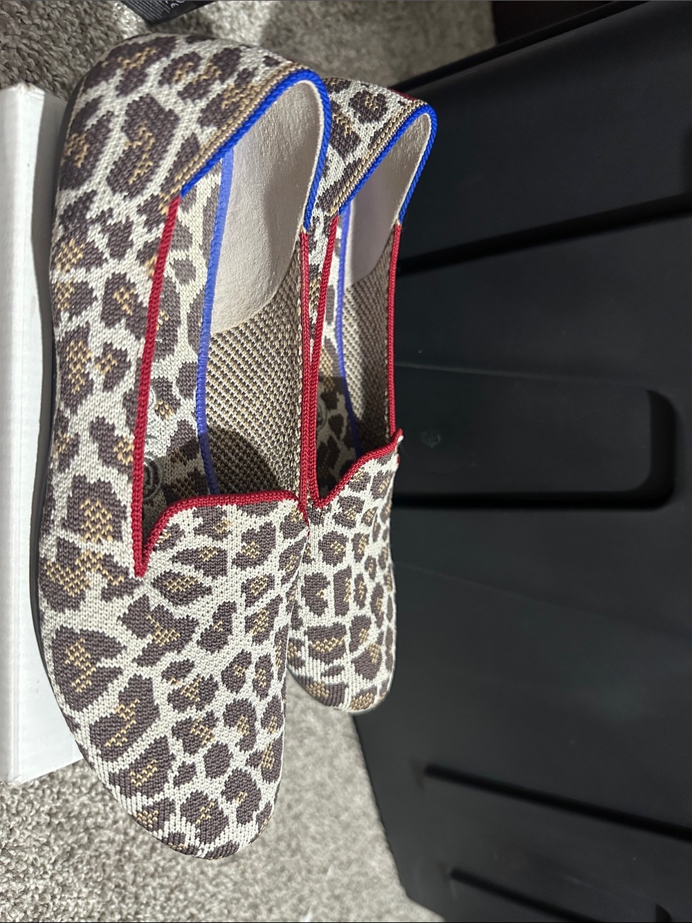 Rothy's Leopard Knit Slip-On Flats with Red Trim and Blue Inner Accent